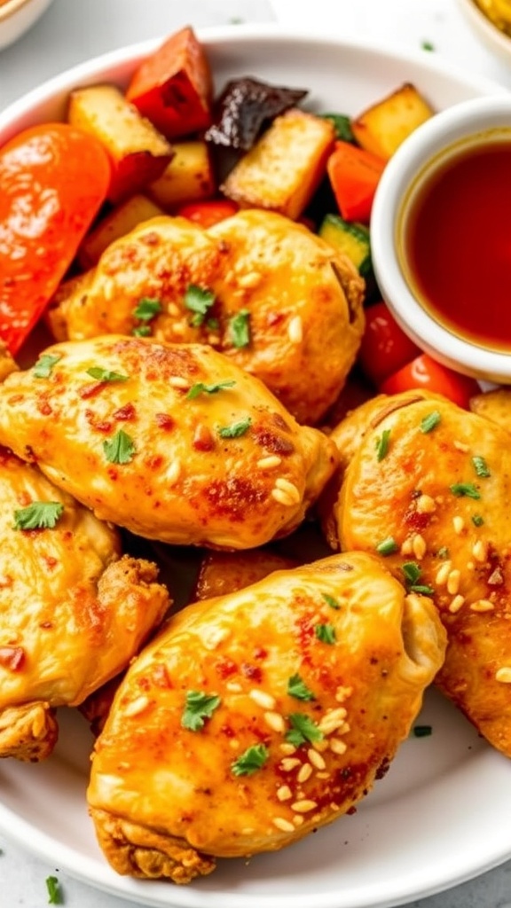 Crispy air fryer chicken on a plate with roasted vegetables and herbs.